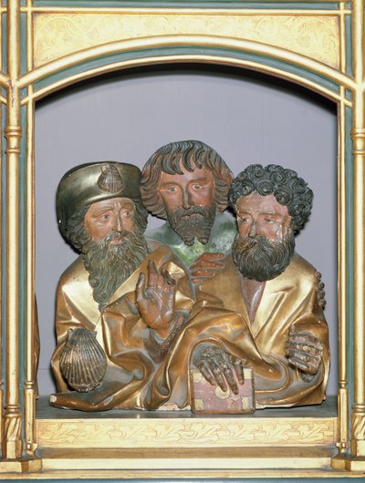 Träsniderier av Jakob den store, Simon och Thaddeus, från predella i Isenheim-altartavlan, ca 1490 (målat trä) av Nikolaus Hagenauer