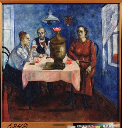 Tea time (Scen från vardagen, en ledsen familj dricker te samlad kring en samovar) - Tedrickande - Målning av Nikolai Vladimirovich Sinezubov (Nicolas Sinezouboff) (1891-1956), olja på duk av Nikolay Vladimirovic Sinezubov