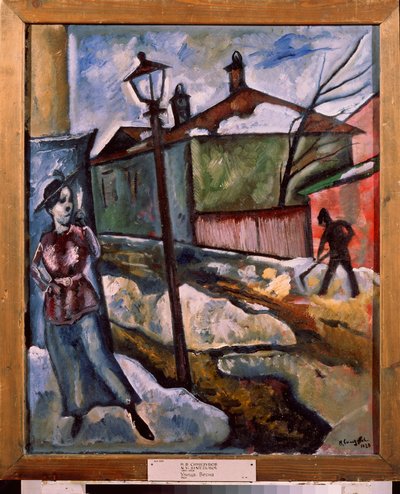 A street - Spring (A street - Spring) - Målning av Nikolai Vladimirovich Sinezubov (Nicolas Sinezuboff) (1891-1956), olja på duk av Nikolay Vladimirovic Sinezubov