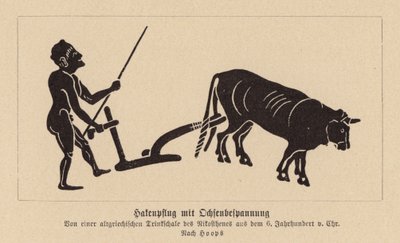 Antik grekisk oxdragen plog (litografi) av Nikosthenes