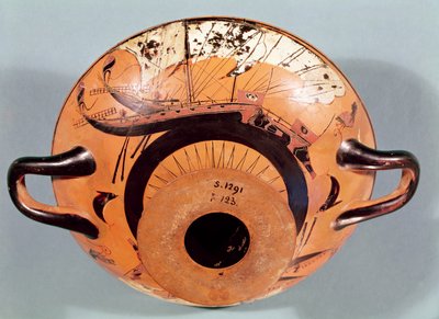 Attisk bägare med svart figur föreställande grekiska segelskepp, ca 520 f.Kr. (keramik) av Nikosthenes