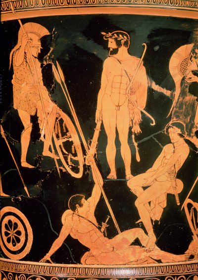 Herakles och grekiska hjältar, detalj från en attisk röd-figur calyx-krater, c.490 f.Kr. (keramik) (se även 92577 och 19106) av Niobid Painter