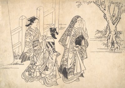 En kurtisan följt av två tjejer, ca. 1690-1751. av Nishikawa Sukenobu