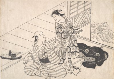 Lady avbryter sin älskare, som spelar Shamisen. av Nishikawa Sukenobu