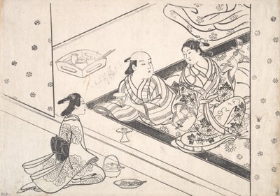 Lady Playing Shamisen, med sin älskare och skötare i närheten. av Nishikawa Sukenobu