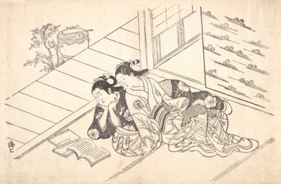 Två kvinnor som ligger på golvet i ett rum och läser en bok, ca. 1730., ca. 1730. av Nishikawa Sukenobu