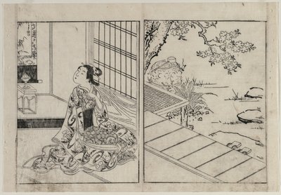 Kvinna som tittar på en hängande rulle, ca. 1740-talet. av Nishikawa Sukenobu