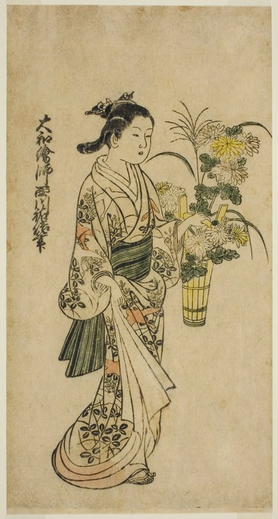 Ung flicka som bär ett blomsterarrangemang av Nishikawa Sukenobu