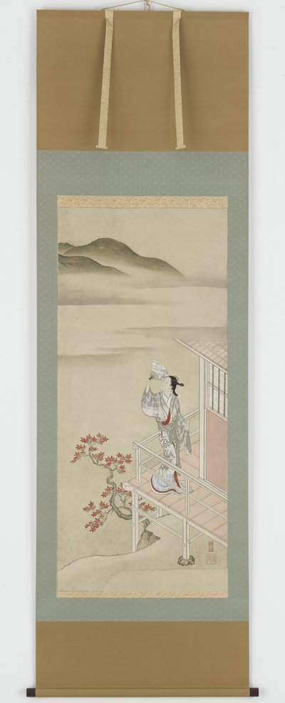 Ung kvinde med en vifte på en veranda, der beundrer ahorn, hængende rulle, 17.-18. århundrede (blæk og farve på papir) svensk av Nishikawa Sukenobu