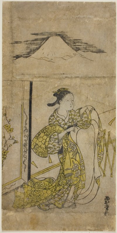 Kvinna som håller kimono med berget Fuji ovanför av Nishimura Shigenaga