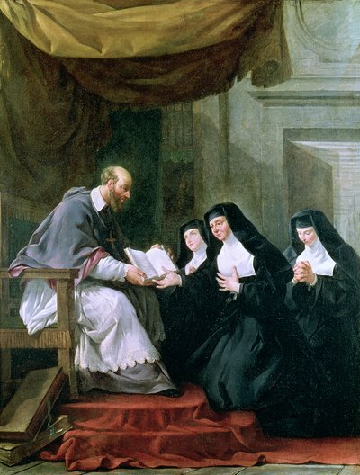 Den helige Francois de Sales (1567-1622) ger besöksregeln till den heliga Jeanne de Chantal (1572-1641) av Noel Halle
