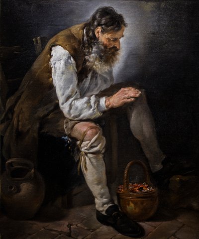 Vinter. Gammal man värmer sina händer vid en brasa, ca 1747 (Olja på duk) av Noel Halle