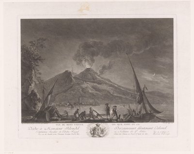Landskap med fiskare och aktiv Vesuvius Vue du mont Vesuve tel quil etoit en 1757 (titel på objekt) av Noël Le Mire