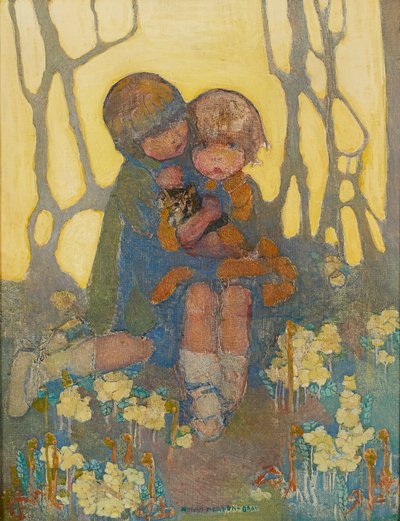 Systrar med en kattunge (olja på duk) av Norah Neilsen Gray