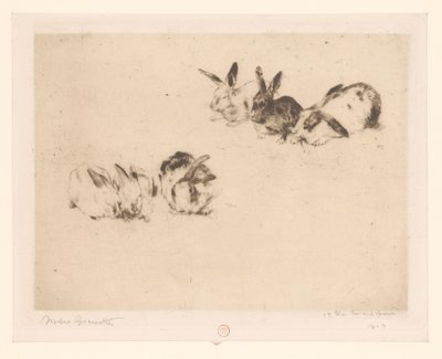 Sex kaniner av Norbert Goeneutte (signed by artist)