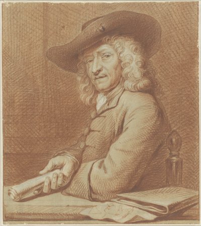 Porträtt av ritaren Jan Pietersz. Zoomer, med hatt och pappersrulle av Norbert van Bloemen