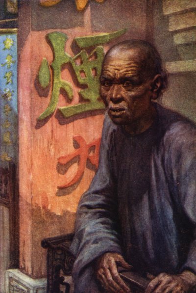 Kina: En gammal coolie (färg litho) av Norman Hardy