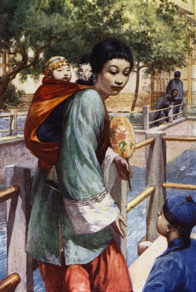 Kina: Flicka och baby (färg litho) av Norman Hardy
