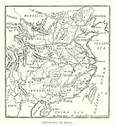 Kina: Skiss-karta över Kina (färg litho) av Norman Hardy