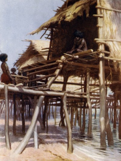 I Pile Dwellings på Hanuabada, Port Moresby, Brittiska Nya Guinea (färg litho) av Norman Hardy