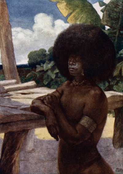 Infödd i Brittiska Nya Guinea, visar sättet att bära håret (färg litho) av Norman Hardy