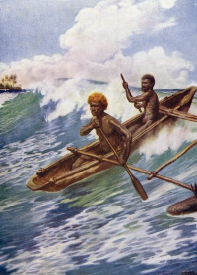 Passing the Reef, Aoba, New Hebrides (färg litho) av Norman Hardy