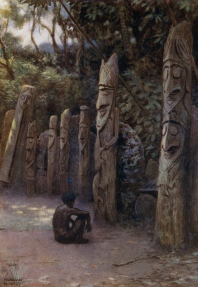 Stenen "Demits", eller själarna, med tillhörande träfigurer, Malekula Island, New Hebrides (färg litho) av Norman Hardy