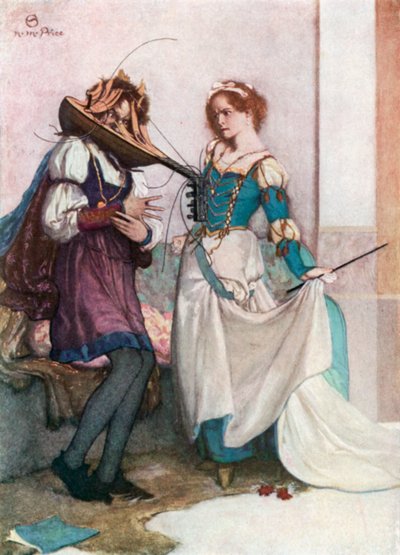 Den vänliga Katarina. The Taming of the Shrew - Akt II, Scen 1 (färglitografi) av Norman Mills (after) Price