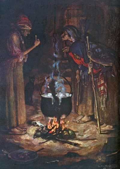 De konstiga systrarna. Macbeth - Akt IV, Scen 1 (färglitografi) av Norman Mills (after) Price