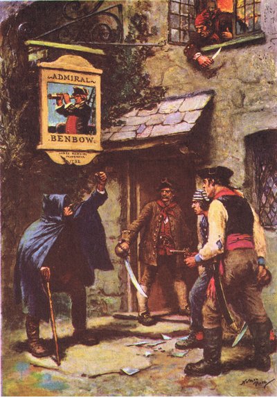 En man lutade sig ut i månskenet, från Treasure Island publicerad av MacDonald 1947 (färg litho) av Norman Mills Price