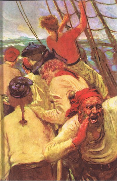 Design på insidan av omslaget, från Treasure Island publicerad av MacDonald 1947 (färg litho) av Norman Mills Price