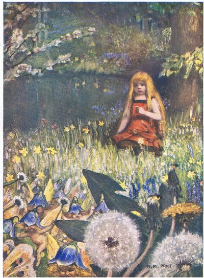 Maybells and the Flowers: "Nu vet jag att fler kan stanna hemma, majklockorna kallar mig så (färg litho) av Norman Mills Price