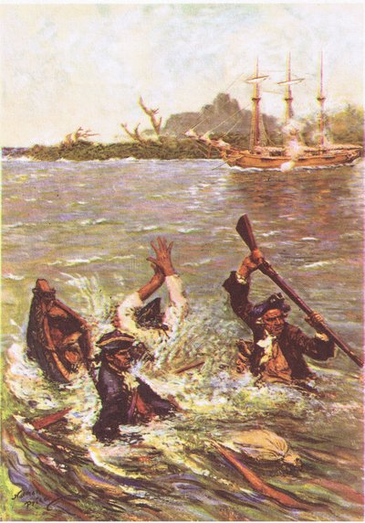 Båten sjönk vid aktern i tre fot vatten, från Treasure Island publicerad av MacDonald 1947 (färg litho) av Norman Mills Price