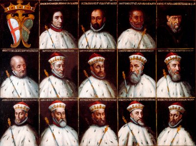 Republiken Genes vapen och porträtt av dogerna - Simone Boccanegra, Ottaviano Fregoso och Antoniotto II Adorno; Andrea Doria. Oberto Cattaneo Lazzari, Battista Spinola, Battista Lomellini, Cristoforo Grilaldi Rosso, Giovanni Battista Doria av Northern Italian School