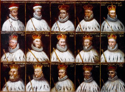 Republiken geners vapen och porträtt av dogerna. Giovanni Stefano Doria, Francesco Gio. Brignole Sale, Agostino Pallavicini, Giovanni Battista Durazzo, Agostino Giovanni De Marini, Giovan Battista Lercari, Luca Giustiniani, Giovanni Battista L av Northern Italian School