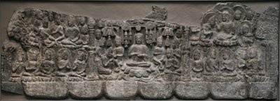 Väggskulptur: Heavenly Gatherings of Buddhas and Bodhisattvas, Handan, Hebei-provinsen, 550-577 (kalksten med spår av pigment) av Northern Qi Dynasty Chinese Scool