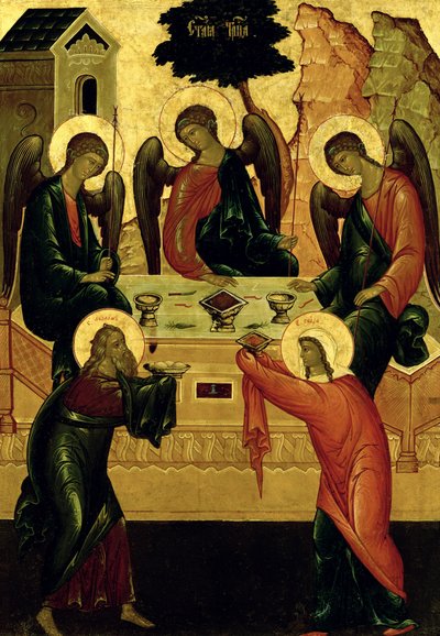 The Holy Trinity, Novgorod School, 1400-talet (tempera på duk) av Novgorod School