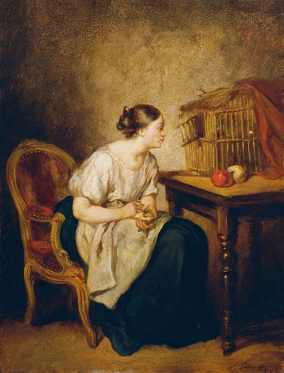 Ung kvinna med fågelbur av Octave Nicolas Francois Tassaert