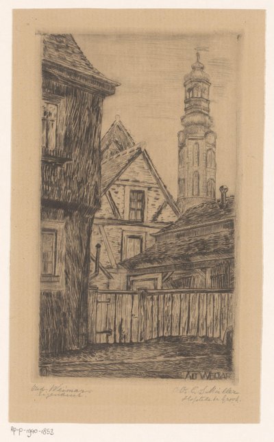Stadsbild med tornet i Weimar Alt Weimar (titel på objekt) av Octavia Cornelia Suzanna Hofstede de Groot (signed by artist)