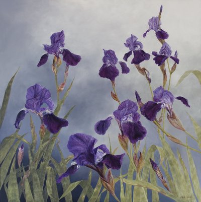 Iris hybrida, 2015 (akryl på gessoat trä) av Odile Kidd
