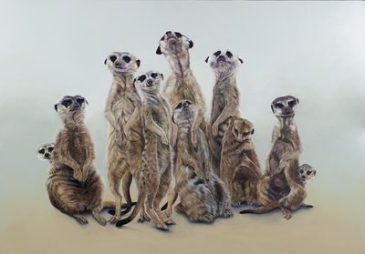 Meerkat mob, sun angels, 2013 (akryl på gessoat trä) av Odile Kidd