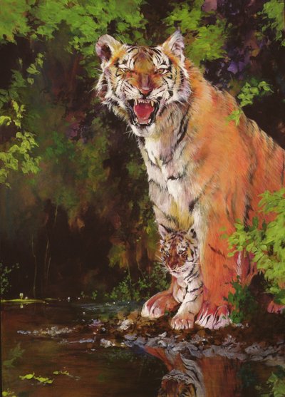 Mother and Baby II (Tigers) 1997 (akryl och blyertskrita på papper) av Odile Kidd