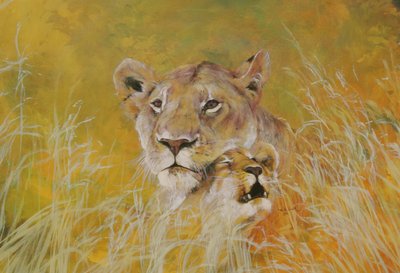 Mother and Baby I (Lions) 1995 (bläck, akryl och blyerts på papper) av Odile Kidd