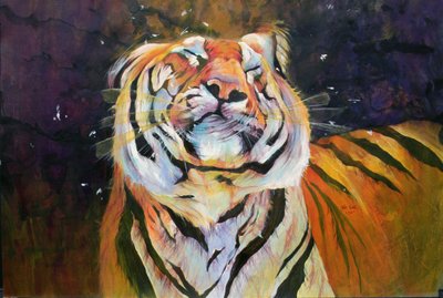 Tiger (skakande huvud) 1996 (bläck, akryl och blyerts på papper) av Odile Kidd