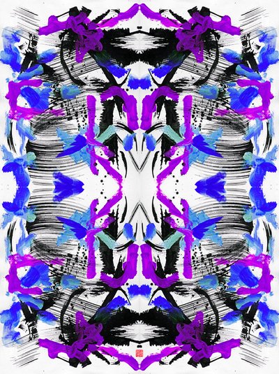Zen Ink Blue Purple Floral Pattern, 2023 (akryl på papper, digital) av Odilia W. Y. Fu
