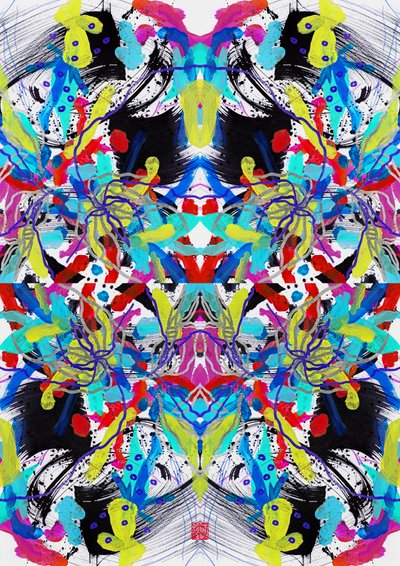 Zen Ink Blue Red Yellow Floral Pattern, 2023 (akryl på papper, digital) av Odilia W. Y. Fu