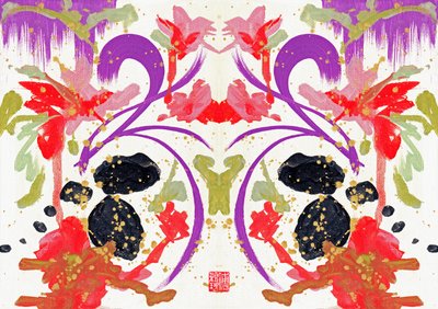 Zen Orange Lila Blommor 1, 2021 (akryl på duk, digital) av Odilia W. Y. Fu