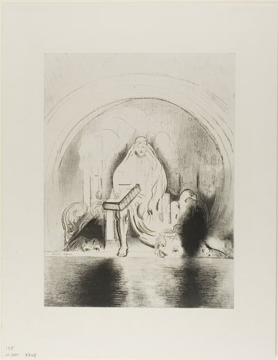 Och jag såg i hans högra hand som satt på tronen en bok skriven inom och på baksidan, förseglad med sju sigill, plåt 2 av 12 av Odilon Redon