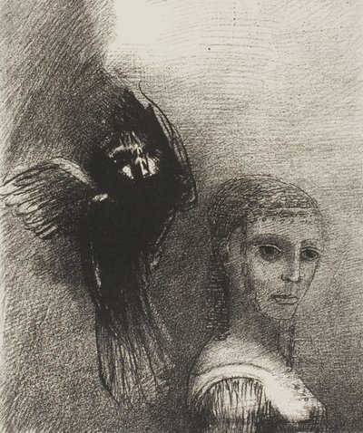 Och en stor fågel, som stiger ner från himlen, slungar sig själv mot den översta punkten av hennes hår, platta 3 av 10 av Odilon Redon