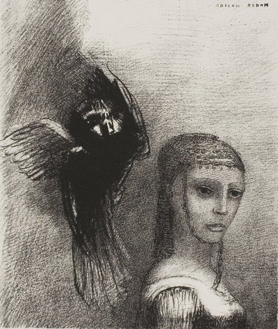 Och en stor fågel, som stiger ner från himlen, slungar sig själv mot den översta punkten av hennes hår, platta 3 av 10 av Odilon Redon